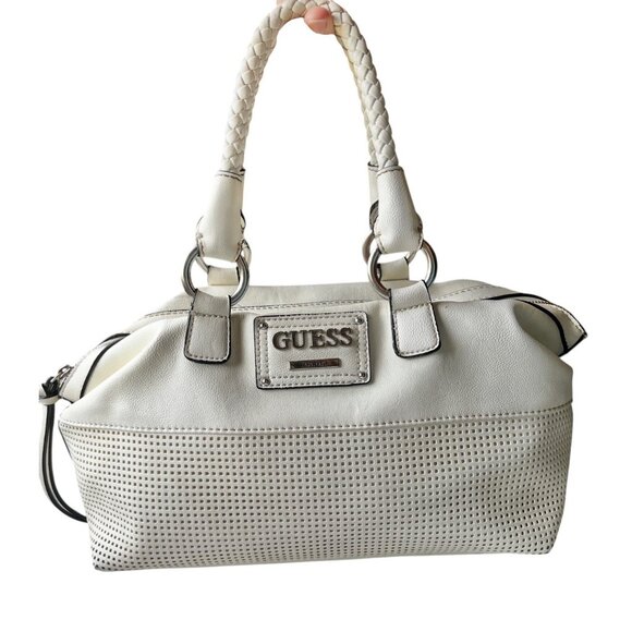 Guess White Leather Perforated Satchel Handbag With Braided Handle 6 tall 10” L - Picture 3 of 16
